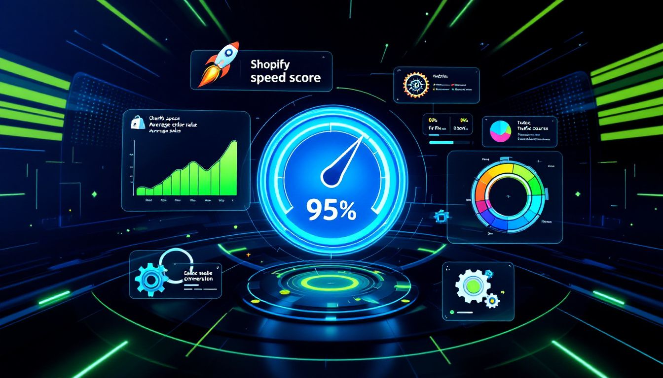 An illustration of a Shopify speed score dashboard showcasing various performance metrics.